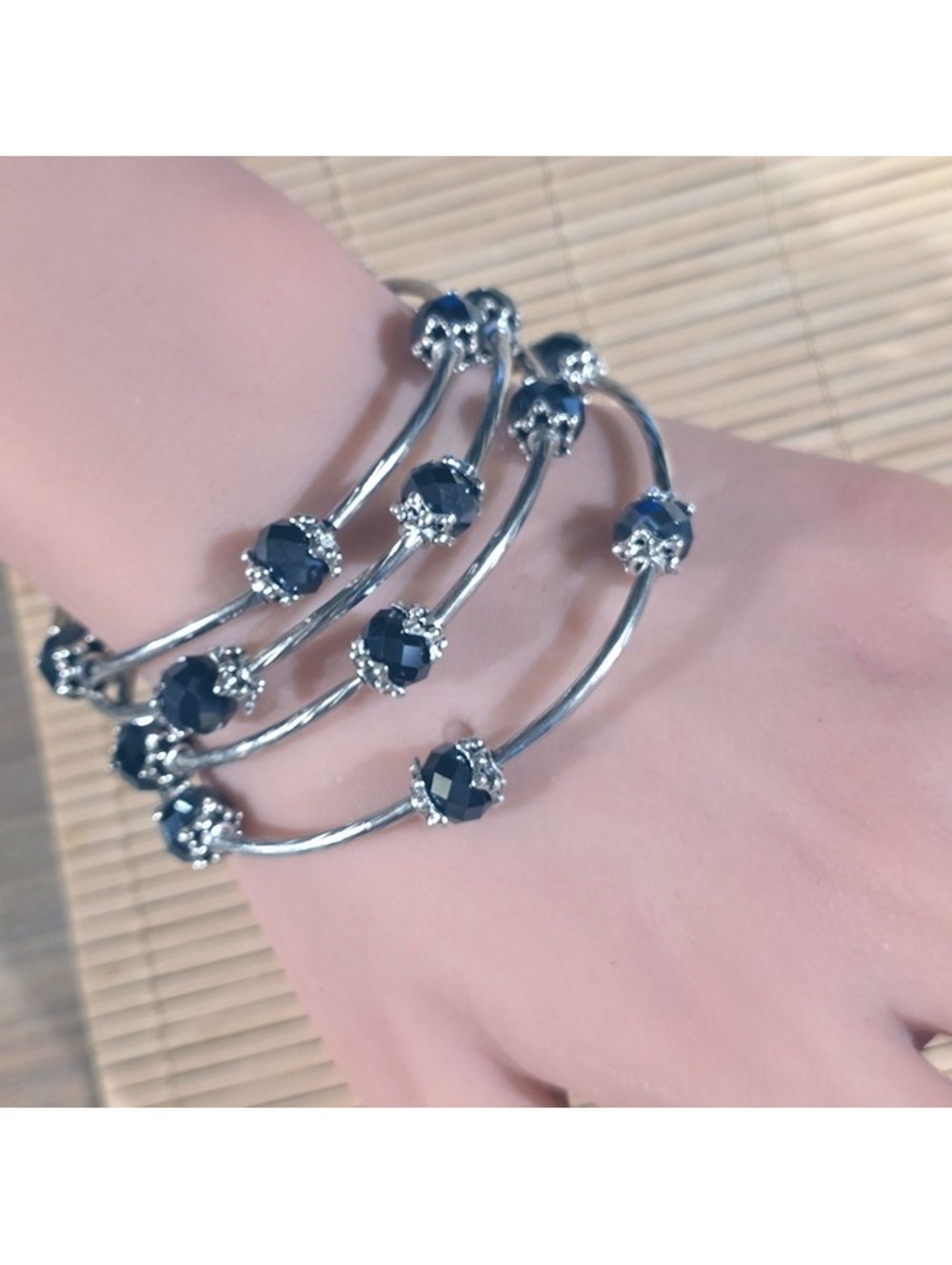 Black Faceted Crystal Rondelle Beads Silver Metal Handcrafted Wrap Bracelet